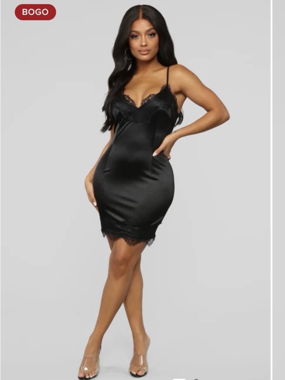 Fashion Nova Black Satin Lace Trim Slip Dress